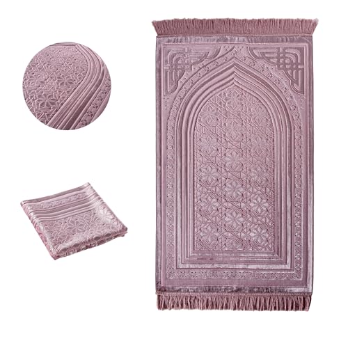 Modefa Luxury Velvet Prayer Rug with Prayer Beads | Soft Elegant Muslim Turkish Janamaz Sajada Carpet for Men and Women | Plain Solid Prayer Mat Ramadan Eid Gift - Najma (Dark Pink) - color: Najma Dark Pink