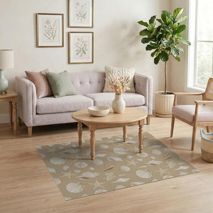 4'x6' Beige Beachy with Rustic Ocean Shell Washable Area Rug | Scattered Seashells Design, Starfish and Conch Pet Friendly, Non-Shedding for Bedroom, Reading Nook - color: Beige/Pattern 24, size: 4' x 6' (Rectangular)