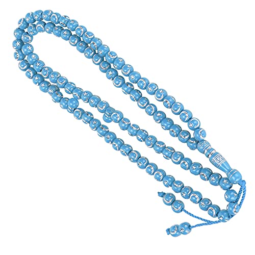 Pssopp Islamic Prayer Beads Muslim Rosary Beads 99 Count, Elegant Dhikr Counting Tasbih for Prayer Worship Resin Blue 49cm Moon Star Engraved Necklace Style - color: blue
