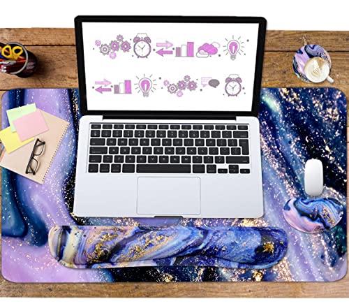 4-in-1 Large Gaming Mouse Pad, Keyboard Wrist Rest Pad & Wrist Support Mousepad Set, Extended Desk Pad Waterproof Desk Mat for Home Office Study Game - Purple Marble - color: Purple Marble