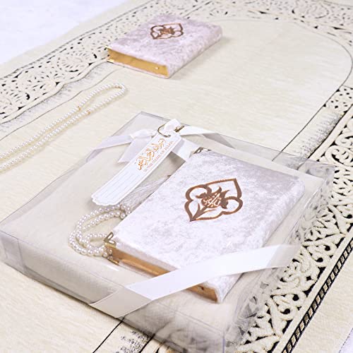 IEF Personalized Prayer Rug Quran Prayer Beads Islamic Gift Set, Ramadan Eid Wedding Birthday Mother's Day Father's Day Anniversary Day Gifts - color: Beige