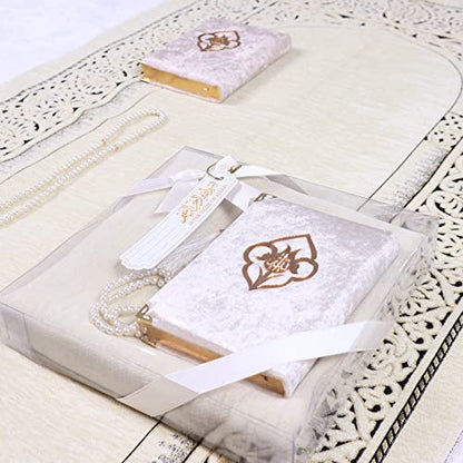 IEF Personalized Prayer Rug Quran Prayer Beads Islamic Gift Set, Ramadan Eid Wedding Birthday Mother's Day Father's Day Anniversary Day Gifts - color: Beige