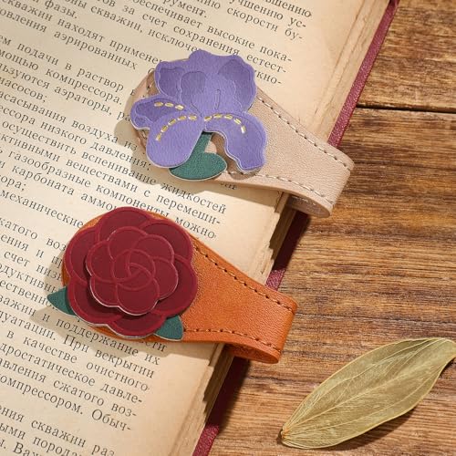 2PCS Leather Magnetic Bookmarks for Women, Personalized Leather Bookmark, PU Magnet Bookmark Clips Book Holder - style: Camellias & Irises