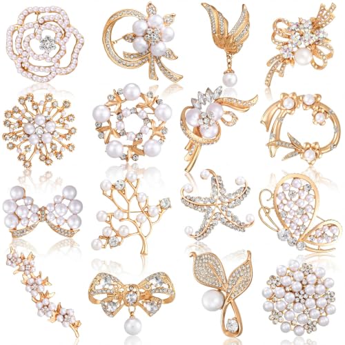 Sasylvia 16 Pcs Women Brooch Set Rhinestone Vintage Animal Insect Plant Pins Brooches Bulk for Christmas Women Girls Gifts - style: Pearl