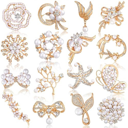 Sasylvia 16 Pcs Women Brooch Set Rhinestone Vintage Animal Insect Plant Pins Brooches Bulk for Christmas Women Girls Gifts - style: Pearl
