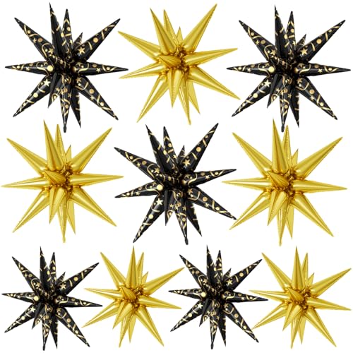 Black Gold Star Foil Balloons 10 Pcs 22Inch Large Black Gold Spike Cone - color: Gold Black