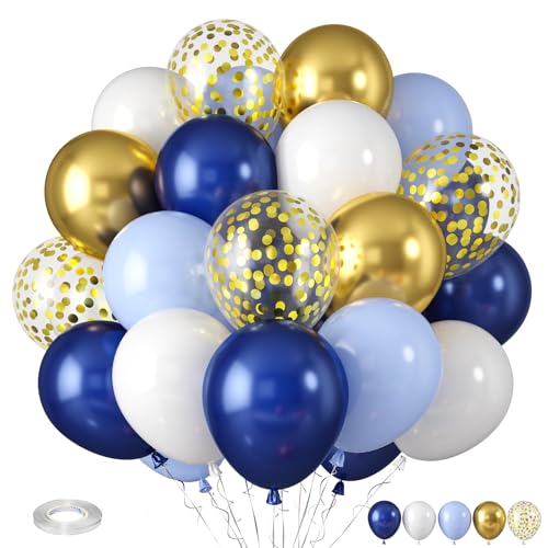Royal Blue and Gold Balloons, Blue and White Gold Balloons, Macaron Navy Golden Confetti Latex Balloon Graduation Balloon for Birthday Wedding Baby Shower Graduations Party Anniversary Engagement - color: Navy Blue Gold White