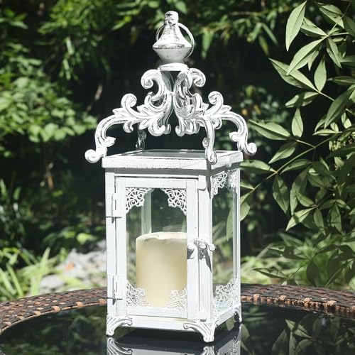 Large Candle Lantern, Decorative Hanging Lantern, Vintage Metal Tabletop Lantern for Outdoor Patio Rustic Home Decor, Candle Holders with Clear Glass (White) - color: White (Black Brush) / 16'', size: Large