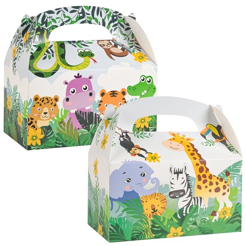 DjinnGlory 36 Pack Safari Woodland Animals Treat Boxes Gable Boxes Party Favor Gift Boxes for Baby Shower, Birthday Parties, Small Business 6.18 x 3.58 x 3.38 Inches - color: Safari Animals