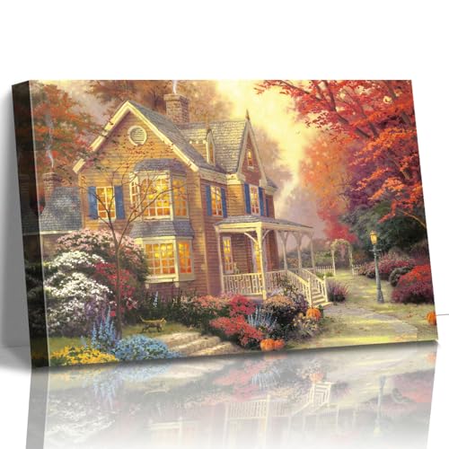 STUDIO HAVEN Thomas Kinkade Canvas Wall Art, Autumn Cottage with Glowing Windows Flower Garden Pumpkins and Cat Oil Painting Poster Cozy Fall Wall Decor, Framed Prints for Home Decor, 16x12Inch - color: Thomas023, size: 16"L x 12"W