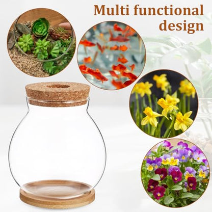 POPETPOP Desktop Glass Fish Bowl - Round Small Fish Tank | with Wood Stopper & Bamboo Mat, Clear Glass Betta Fish Bowl for Succulent Plants, Hydroponic Air Plant (5.5X5.1 Inch)