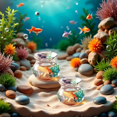 2 Pieces Miniature Fish Bowl Set, Round Resin Fish Tanks with Goldfish Grass, Dollhouse Accessories Decor for Dollhouse Desktop Craft Project Decor