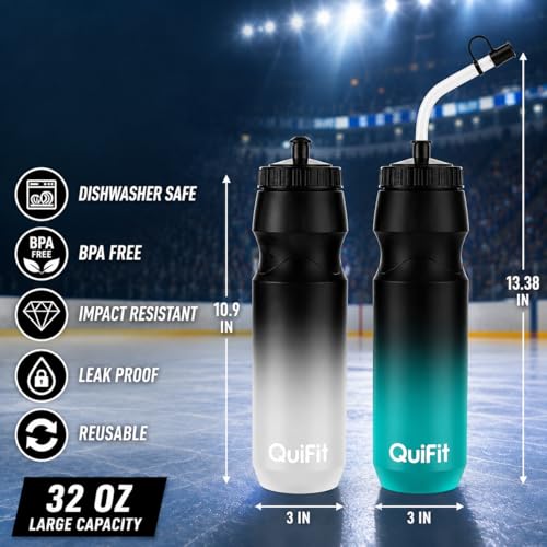 Lacrosse Water Bottle with Long Straw -32oz Hockey Water Bottle 2 Pack with 2 Lids Each- BPA Free Squeeze Sports Water Bottles, Leakproof Dishwasher Safe- for Helmet,Lacrosse (Black Blue+Black White) - color: Black Blue+Black White