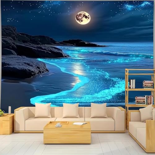 FENDROM 3D Fantasy Nature Sky Tapestry Stunningly Beautiful Moon Over Ocean Wall Hanging Landscape Wall Art Blanket for Bedroom Living Room - color: Blue, size: 59"L x 51"W