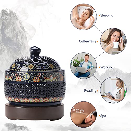 Ceramic Holder Electric Incense Burner Enamel Built-in LED Lights Simulate Flames, Classical, Elegant and High-end Hollow Design