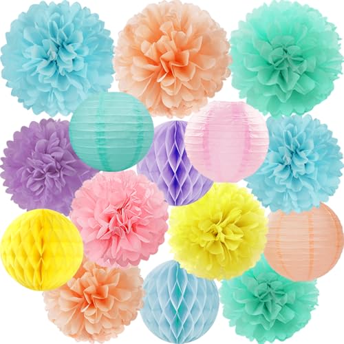Pastel Paper Flowers Tissue Pom Poms Honeycomb Lanterns 15pcs Party Decorations for Rainbow Colorful Macaron Ice Cream Birthday Baby Shower Easter Carnival Wedding Hanging Supplies Mprocherify - color: Rainbow
