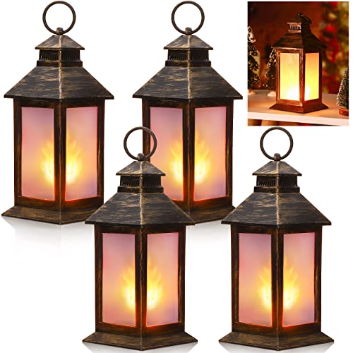 Tondiamo 4 Pcs Mini Lanterns Decorative Vintage Lantern for Centerpiece Garden Wedding Party Decoration Hanging with LED Candles for Ramadan Festival Party Supplies Medieval Decor Waterproof(Bronze)