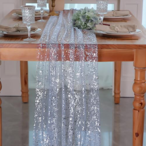 Snowkingdom Light Blue Silver Gauze Table Runner 10ft 120 inch Glitter Sheer Cheesecloth Tulle Home Dining Table Decoration for Bridal Baby Shower Summer Wedding Birthday Holidays Party - color: Ice Blue Silver, size: 10FT/1Pc