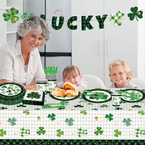 98PCS St Patrick's Day Party Supplies Green Irish Shamrock Tableware Set Lucky Shamrock Birthday Party Supplies St Patrick's Day Party Decorations Irish Shamrock Paper Plates and Napkins for 16 Guests - style: St. Patrick's Day