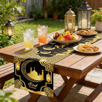 Ramadan Mosque Linen Table Runner: Black and Gold Mosque Moon Tablerunner Muslim Eid Al-fitr Eid Mubarak Perfect for Ramadan Party Home Kitchen Dining Mantel 13×72Inches(1 Pcs) - color: Ramadan Black