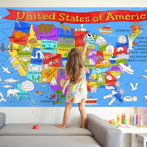 Gatherfun USA 컬러링 액티비티 - 대형 80.9 x 182.9cm(31.5 x 72인치) 교육용 포스터 - 학교 이벤트 및 생일 파티에 이상적, 교실 벽 장식 또는 테이블 커버로 다용도 - style: SA MAP