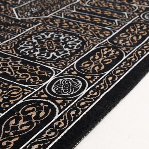 Mihrab Islamic Prayer Rug, Arabesque Velvet Janamaz and Sajadah | Geometric Motif, Black Prayer Mat with Gold Accents and Fringes, Elegant Turkish Namaz Rug for Men Women, 27 x 43 In - color: Black Kaaba Door