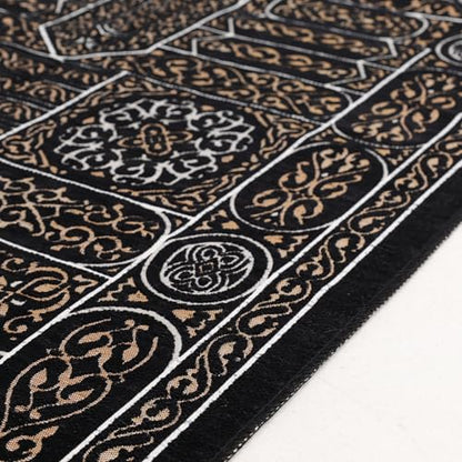Mihrab Islamic Prayer Rug, Arabesque Velvet Janamaz and Sajadah | Geometric Motif, Black Prayer Mat with Gold Accents and Fringes, Elegant Turkish Namaz Rug for Men Women, 27 x 43 In - color: Black Kaaba Door