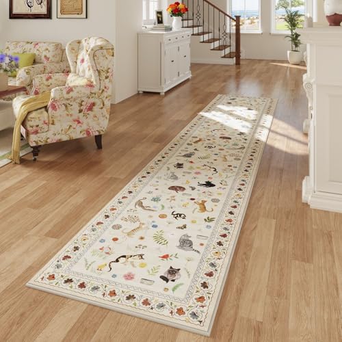 Rugcomf Runner Rug 2x10 Washable Non Slip Floral Animal Cat, Beige - color: Beige/Cat, size: 2' x 10' (Rectangular)