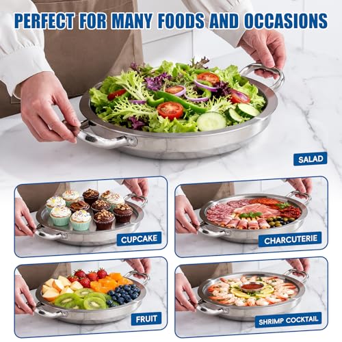 2-Set 12 Inch Shrimp Cocktail Serving Dish with Ice Tray, Cold Chilled Serving Trays, Cooling Platter Charcuterie Board for Appetizer Oyster Salad Buffet Parties, Dishwasher Safe, Stainless Steel - size: 2-Set