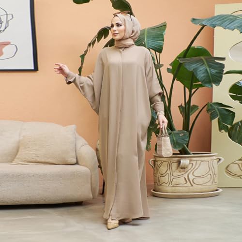 ODASDO Muslim Dresses for Women Abaya Button Down Henley Shirt Prayer Dress Batwing Long Sleeve Middle East Arabian Robe - color: Khaki