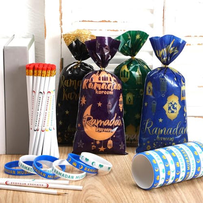 Mooliwe 144 Pcs Ramadan Mubarak Party Favor Gifts Bulk 48 Eid Ramadan Muslim Pencils 48 Mubarak Wristbands 48 Cellophane Gift Bag for Party Decorations Supplies(Conventional Style) - style: Conventional Style
