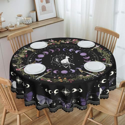 Witchy Table Runner, Gothic Boho Floral Flower Sun Moon Phase Cat Flower Mystical Tarot Purple Butterfly Moth Coffee Table Center Decor for Kitchen Dining Holiday Party Table Decorations, 60" Round - color: Moon-2, size: 60" (Round)