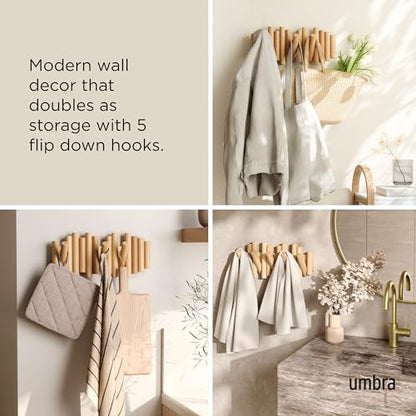 Umbra Picket Coat Rack, Wall Mount 5 Flip-Down Coat Hooks, Natural | Beveled pine wood dowels, supports up to 5 lbs, mounting hardware included, space saving - color: Natural, size: 5-Hook