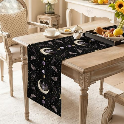 Whimsical Moon Table Runner Mysterious Dark Cosmic Crystal Purple Moths Flower 13x120 Inches Long Cotton Linen Table Runner Burlap Style for Dinner Table Party Decor Tabletop Decorations - size: 13" x 120"