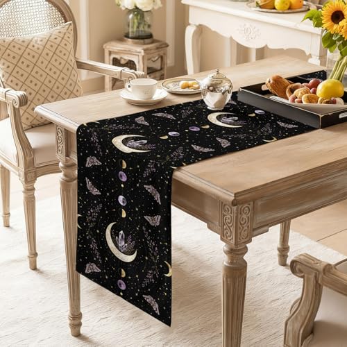 Whimsical Moon Table Runner Mysterious Dark Cosmic Crystal Purple Moths Flower 13x70 Inches Long Cotton Linen Table Runner Burlap Style for Dinner Table Party Decor Tabletop Decorations - size: 13" x 70"