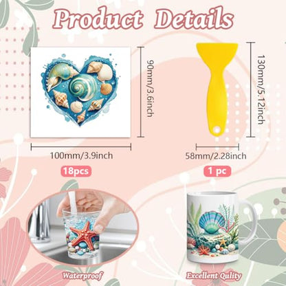 Peacoblue 18 Sheets Rub on Transfers for Crafts, Seashells Starfish and Conch 3.6"x3.9" UV DTF Cup Wraps Waterproof Rub on Cold Transfers Stickers for Wood Glass Metal Cup Tumblers Mirrors Mugs Decor - style: Seashells Starfish and Conch