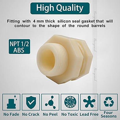 NPT1/2 ABS Bulkhead Fitting, Pipe Connector for rain Barrel Garden Hose Adapter Spigot kit Water Tank Gallon Drain Bucket (pack of 4 pcs) - size: NPT1/2 female thread (3/4 inch I.D.）ABS