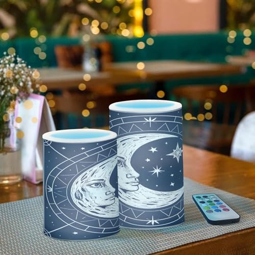 Flickering Flameless Candles, Crescent Moon Magic Circle LED Candles with Remote Timer, Set of 2 Battery Operated Candle for Valentine Wedding Birthday