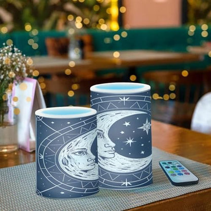 Flickering Flameless Candles, Crescent Moon Magic Circle LED Candles with Remote Timer, Set of 2 Battery Operated Candle for Valentine Wedding Birthday