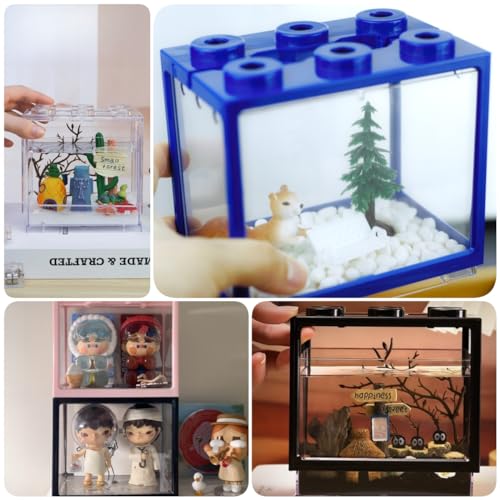 Small Sea Monkey Tank, Stackable Mini Betta Fish Tank Tinny Aquarium Kit with Aquarium Gravel, Moss Ball Tank Shrimp Tank 0.27 Gallon Acrylic Cube Fish Bowl for Shrimp Snails - color: Blue