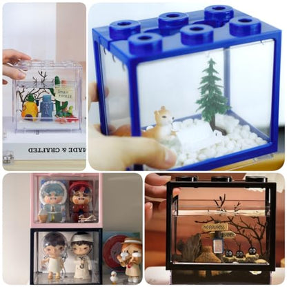 Small Sea Monkey Tank, Stackable Mini Betta Fish Tank Tinny Aquarium Kit with Aquarium Gravel, Moss Ball Tank Shrimp Tank 0.27 Gallon Acrylic Cube Fish Bowl for Shrimp Snails - color: Blue
