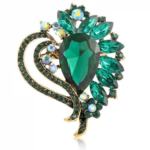 LAXPICOL Vintage Austrian Crystal Elegant Heart Flower Brooch Pin For Women Wedding Broach Pin - color: green