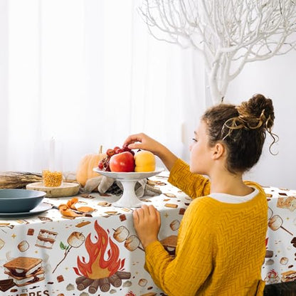 1Pc Camping Party Plastic Tablecloth 54 x 87 Inch Long Table Cover, Marshmallow Sandwich Party Tablecover for Bonfire Camp Theme Kids Baby Shower Birthday Dinner Picnic Kitchen Event - color: Camping