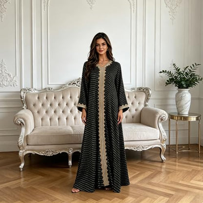 Women Muslim Abaya Dress V Neck Embroidered Kaftan Long Sleeve Loose Islamic Maxi Prayer Robe for Ramadan Eid - color: Black, size: X-Large