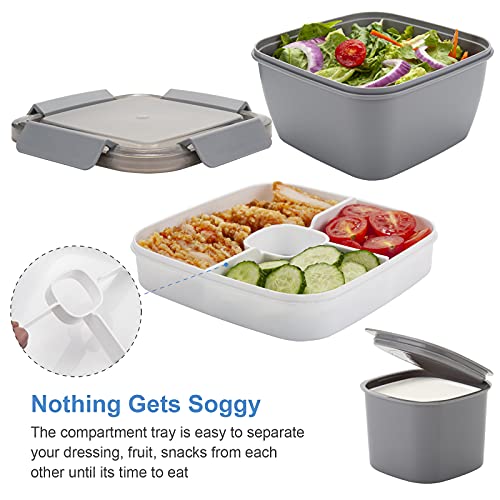 Freshmage Salad Lunch Container To Go, 52-oz Salad Bowls with 3 Compartments, Salad Dressings Container for Salad Toppings, Snacks, Men, Women (Grey) - color: Grey-52oz