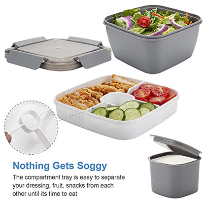 Freshmage Salad Lunch Container To Go, 52-oz Salad Bowls with 3 Compartments, Salad Dressings Container for Salad Toppings, Snacks, Men, Women (Grey) - color: Grey-52oz