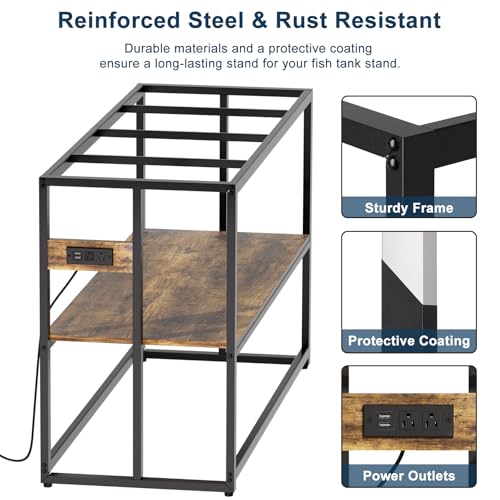 Urban Deco 55-75 Gallon Fish Tank Stand with Power Outlets, 900LBS Capacity Aquarium Stand, Metal Fish Tank Stand Dual-Layer Design Terrarium Stand, Rustic Brown - color: Brown, size: 75 gallon