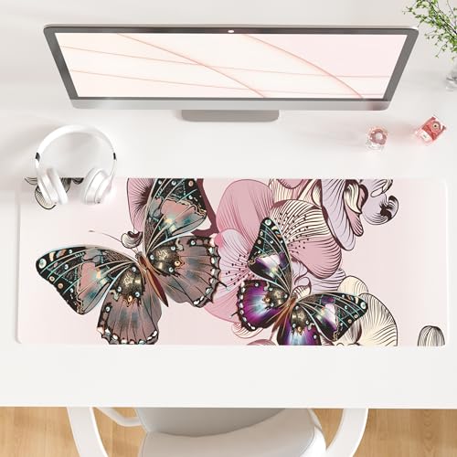 QiyI PU Leather Large Mouse Pad, Office Decor, 31.5" x 11.8", Butterflies | Desk Décor Accessories, Extended Size, Waterproof & Easy to Clean, Smooth Surface, Non Slip Desk Organization - color: Floral Butterflies, size: 31.5" x 11.8"