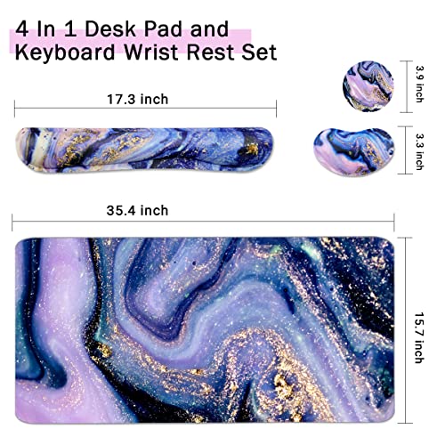 4-in-1 Large Gaming Mouse Pad, Keyboard Wrist Rest Pad & Wrist Support Mousepad Set, Extended Desk Pad Waterproof Desk Mat for Home Office Study Game - Purple Marble - color: Purple Marble