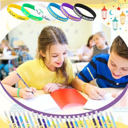 Feifeiya 96 Pcs Ramadan Eid Mubarak Gifts, Eid Pencils Ramadan Wristbands Party Favors Muslim Gifts for Kids Students Classroom Party Supplies - style: Ramadan Style